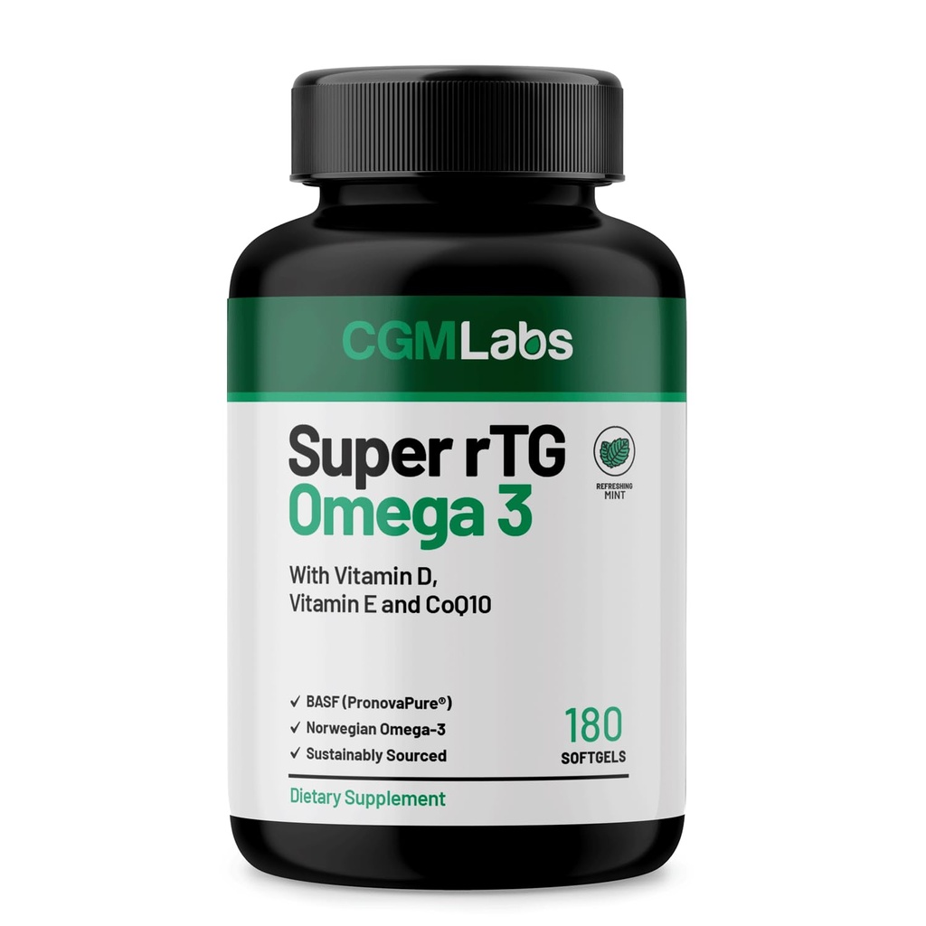 RTG Omega 3 Norwegia Fish Oil dengan CoQ10 Dietary Suppliment- Kesehatan Jantung & Antioksidant Dukungan dengan Vitamin D & E - 2000 mg Disustable Disovered - Super rTG Omega 3, 180 Softgels oleh CGM Labs