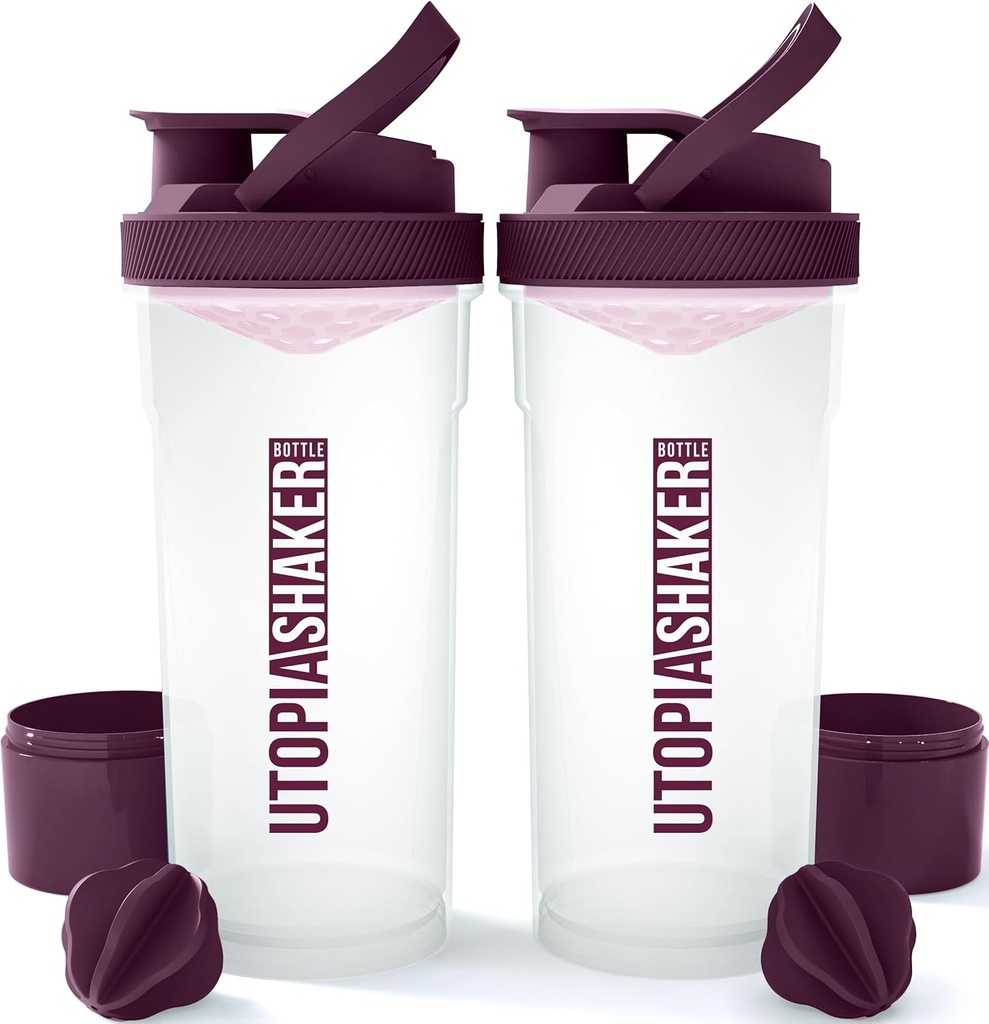 Utopia Home Shaker Bottle 2 Pack - 24 Ounce Plastic Protein atau Cocktail Shake Bottle untuk latihan Pre & Post dengan Penyimpanan Kotak Protein Twist & Lock (Clear / Plum)