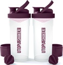 Utopia Home Shaker Bottle 2 Pack - 24 Ounce Plastic Protein atau Cocktail Shake Bottle untuk latihan Pre & Post dengan Penyimpanan Kotak Protein Twist & Lock (Clear / Plum)
