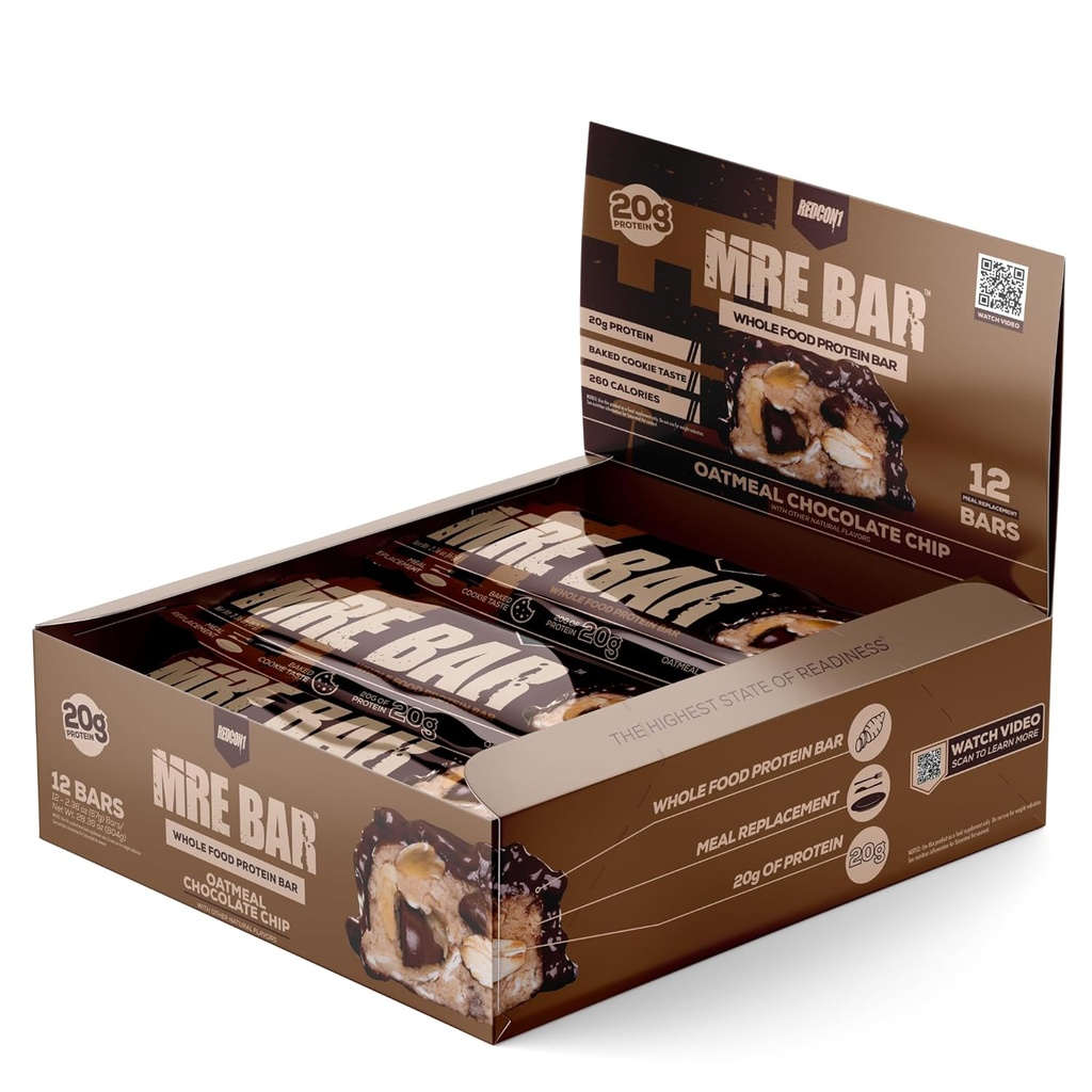 Bar Protein REDCON1, Oatmeal Chocolate Chip - mengandung MCT Oil + 20g dari Whole Food Protein - Mudah Diperoleh, Macro Balanced Low Sugar Replacement Bar (12 Bars)