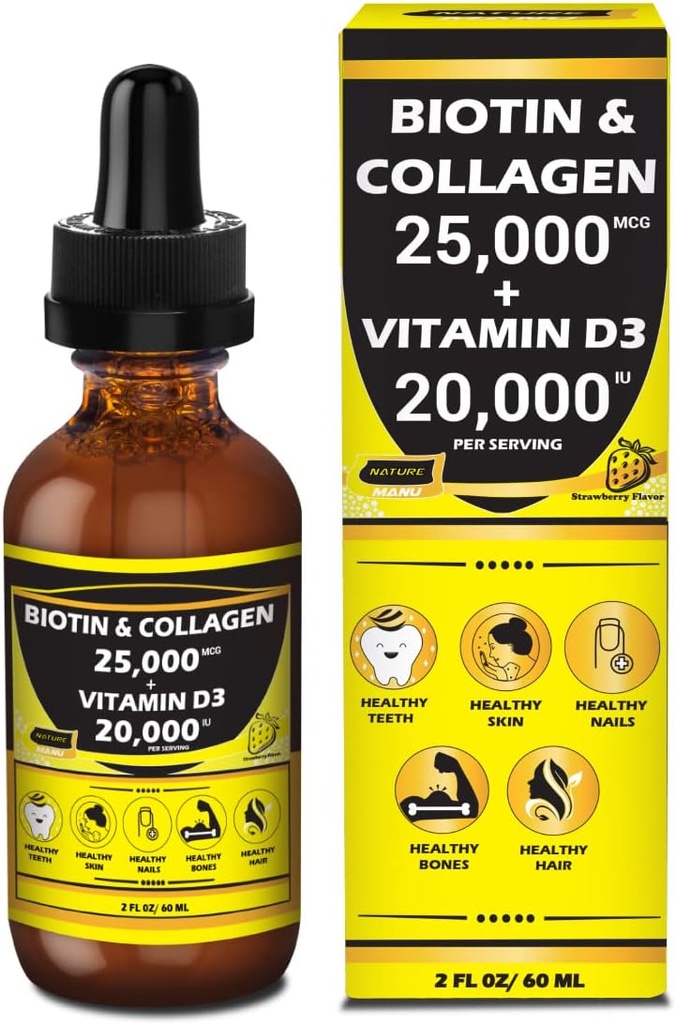 Nature Manu- Premium 25.000mcg Liquid Biotin & Collagen + 2000iu Vitamin D3 All-in -one Wellness Daily Drops. Mendukung Healthy Skin, Stronger Nails, Hair Growth. Tasty Strawberry Flavor - 2 FL OZ / 60 ML