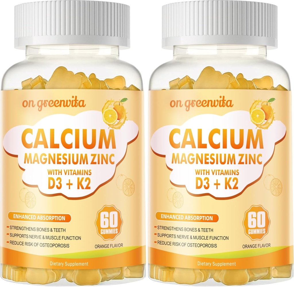 Kalsium Magnesium Zinc Gummies dengan Vitamin D3 & K2 - Potensi Tinggi Diaktifkan Absorpsi -120 Orange Gummies Dibubuhkan