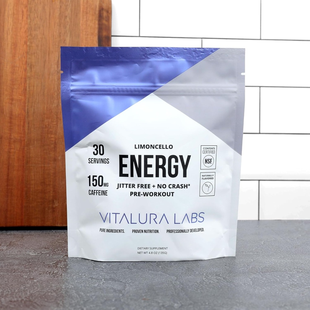 Lab Vitalura Pre-Workout Powder - Caffeine, Theakrine, Rhodiola & L-Theanine for Energy & Endurance - NSF Content Sertifikasi - Limoncello Flavored - 30 Servings