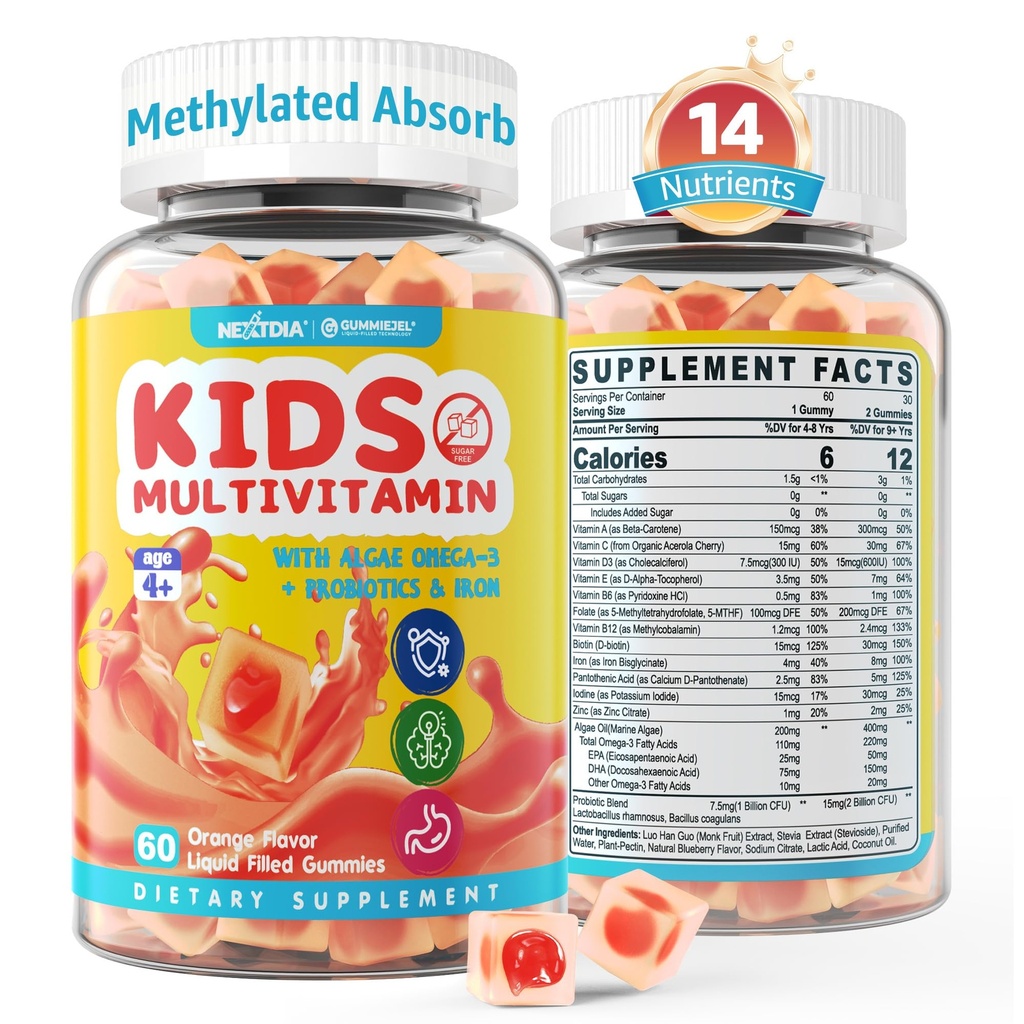 Anak-anak Multivitamin Gummies dengan Besi, Sugar Free, Anak-anak Daily Vitamin + Programs, Algae Omega 3 (EPA / DHA), A, C, D, Metil B12, Faunce, B6, Zinc, Biotin, untuk Heally Growth, Imune Duction, 60 Count
