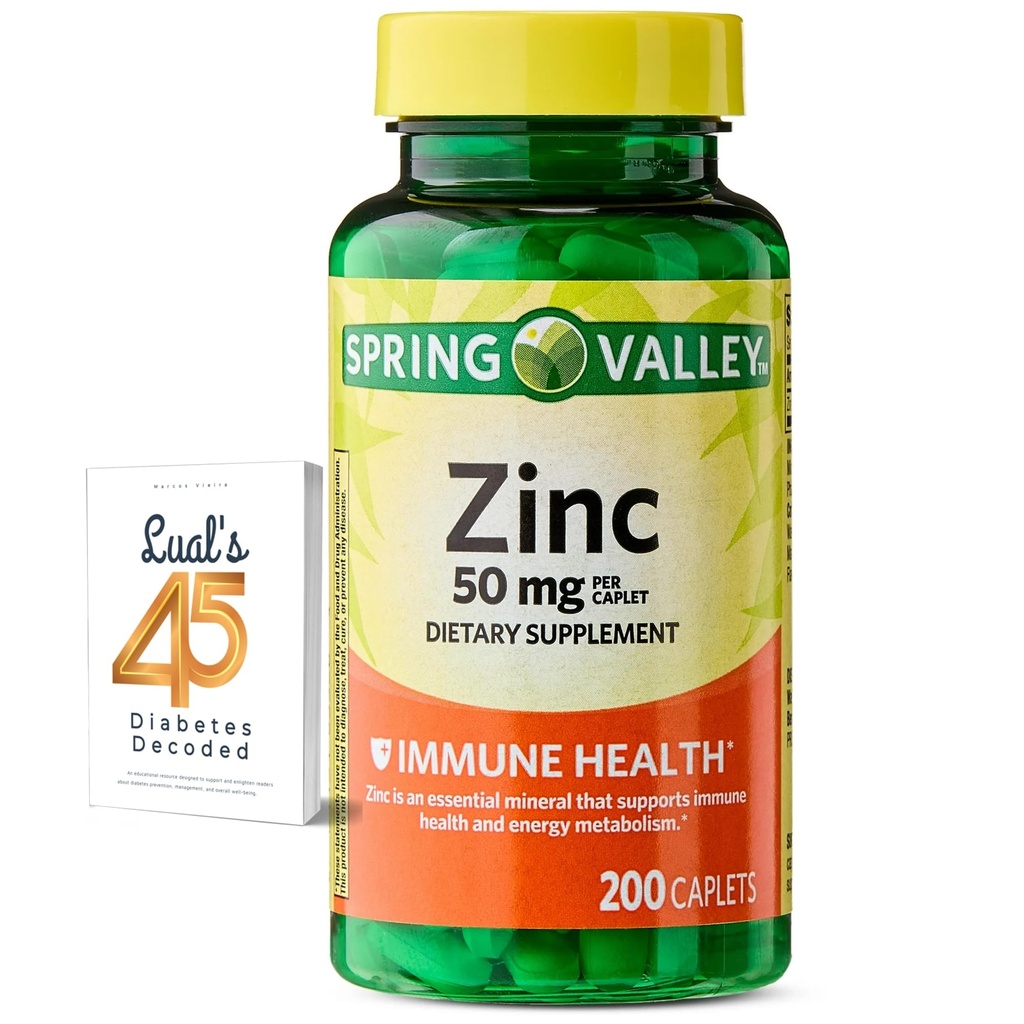 Spring Valley Zinc 50 mg, 200 Count, Dietary Supplement Caplets for Immune Health, Suplemen kekebalan tubuh, Bundle dengan 45 Diabetes Lual Decoded