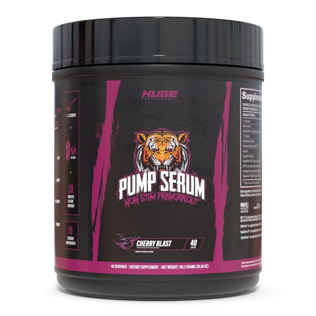 Suplemen Besar Pompa Serum, Stim Free Pre Workout dan Nitric Oxide Booster untuk Enhance Focus, Pumps, Fulness dengan No Caffeine, L- Citrulline, GlycerPump, L- Tyrosine, Nitroigin (Cherry Blast)