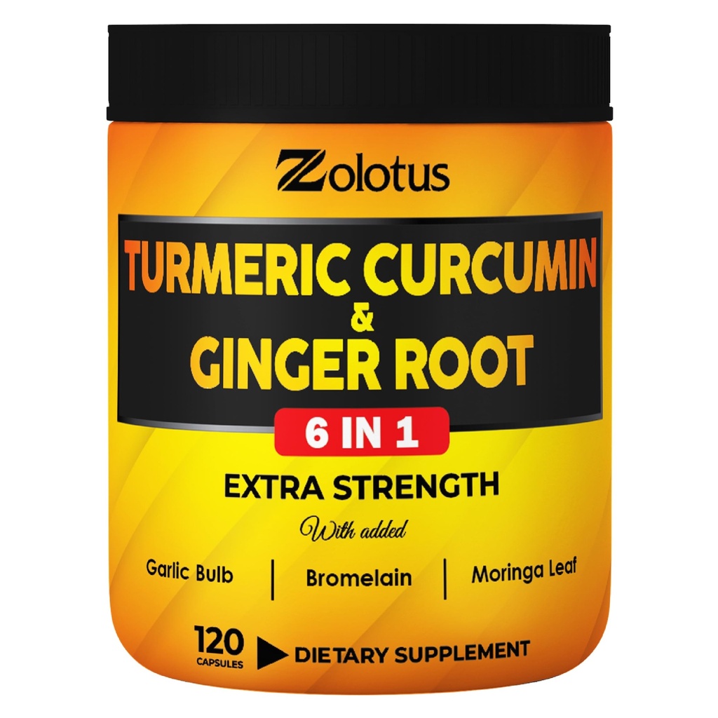 6 dalam 1 Turmeric Curcumin + Ginger Capsules, 95% Curcuminoid dengan Ginger, Bulb Bawang, Bromelain, Moringa, Black Pepper - 120 Kapsul