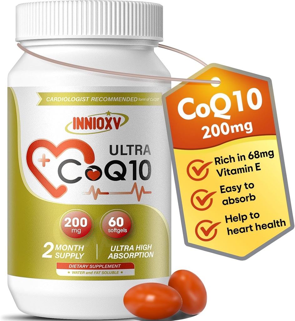 CoQ10 200mg Softgeels - Tinggi Absorpsi Koenzim Q10 untuk Kesehatan Jantung, Energi Sel & Antioksidant Dukungan - 60 Softgels