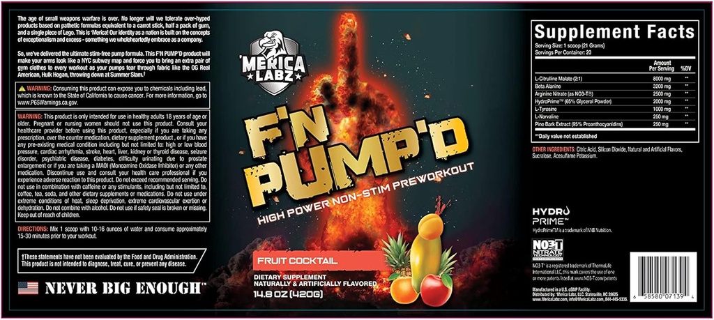 'Merica Labz F' N Pump Stimulant Free, Nitric Oxide, Fully Dised, Pompa PreWorkout Powder (20 Servings) (Fruit Cocktail)