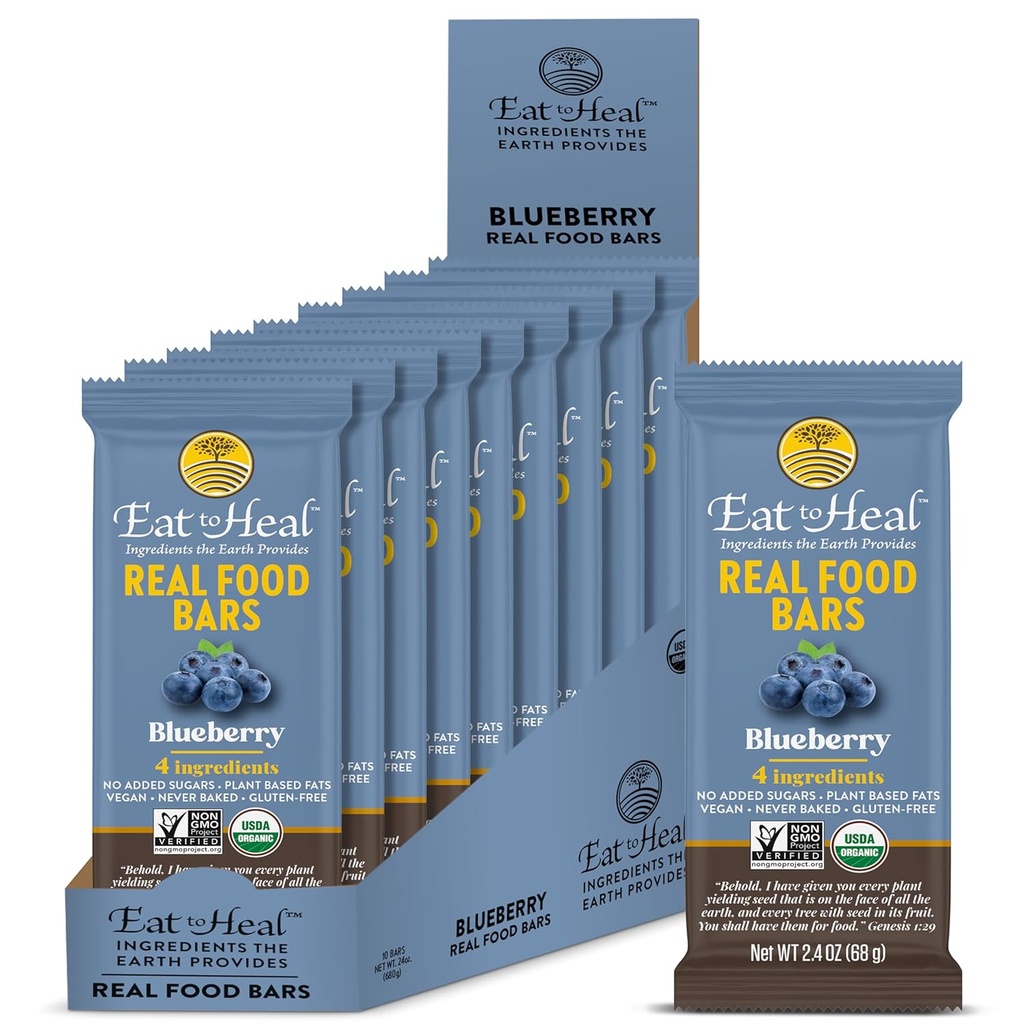 EatToHeal Blueberry Real Food Bar - Protein organik Bars, Vegan Food, Gluten Free Protein Sehat - Low Sugar Protein Bar, Non GMO, Never Baked, Plant Based Organic Snacks - Dibuat untuk Menikmati