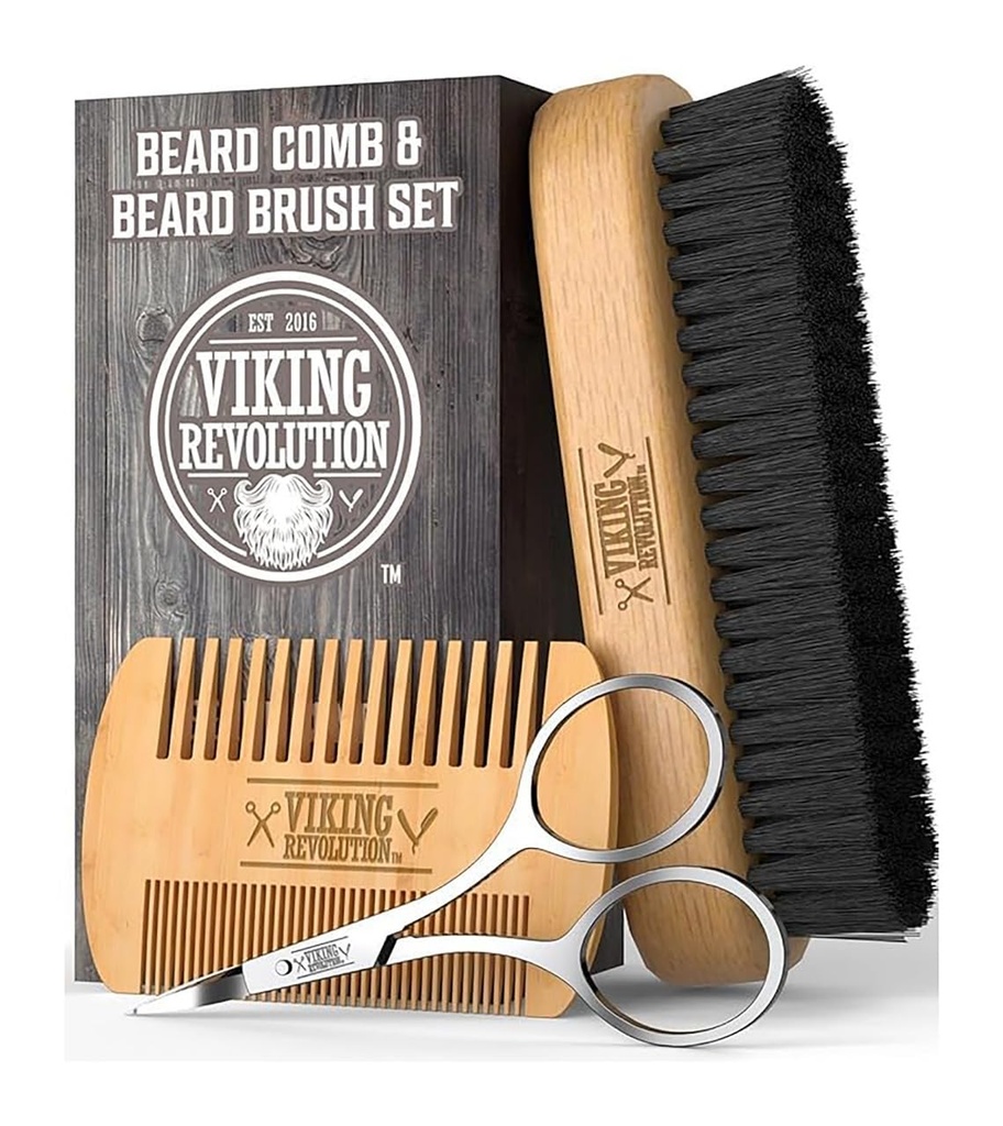 Viking Revolution Beard Comb & Beard Brush Set for Men -- Natural Boar Bristle Brush and Dual Action Pear Wood Comb w / Velvet Travel Pouch - Bagus untuk Grooming Beards dan Coliche