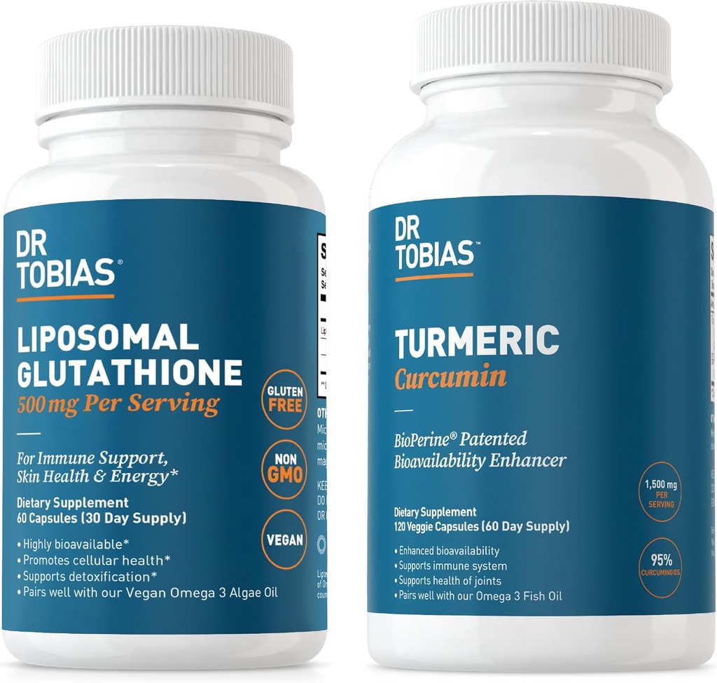 Dr. Tobias Turmeric Curcumin dan Lipomal Glutathione - Support Joint Health, Imune Fungsi, dan Skin Vitalitas - Vegan, Non- GMO