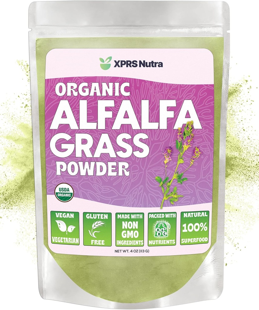XPRS Nutra Organic Alfalfa Powder - Premium Vegan Suplemen Kaya di Kalsium, Antioksidants, Vitamin - Petani Alfalfa Suplemen untuk Anak-anak dan Dewasa - Vegan Leaf Berkesehatan Frily (4 Ounce)