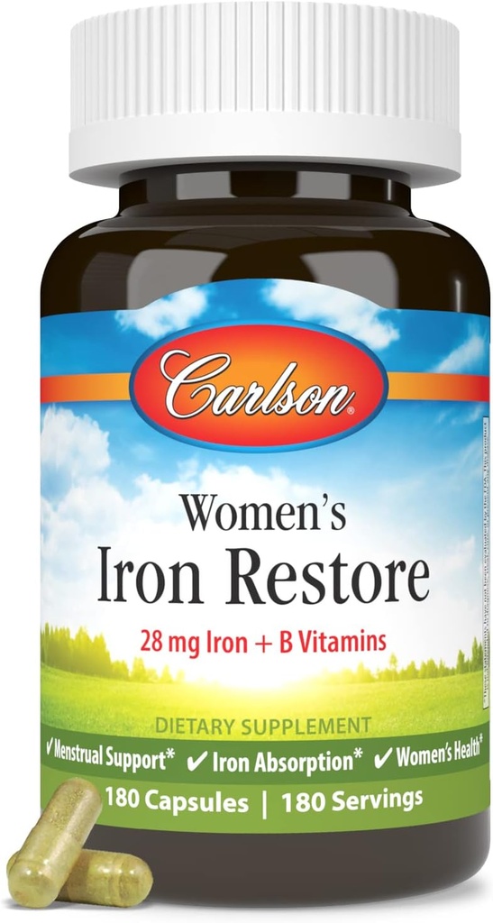 Carlson - Perempuan Iron Restore, 28 mg Besi + B Vitamin, Menstrual Dukungan, Iron Absorpsi & Women Kesehatan, 180 Kapsul