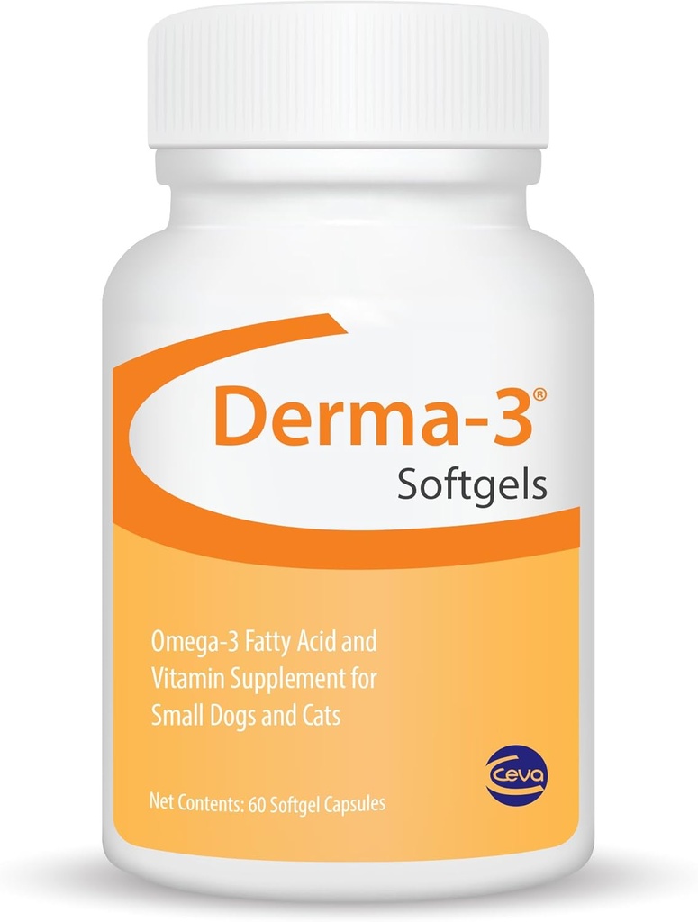 Ceva Derma-3 Softgels, Omega-3 Acid & Vitamin Tambahan untuk Small Dogs + Cats (60 Cacah)