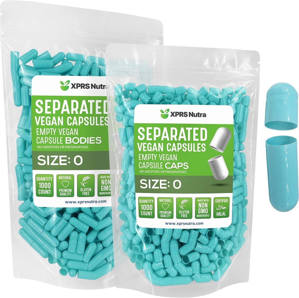 XPRS Nutra Vegan Ukuran 0 Terpisah Kapsul - 1000 Menghitung Premium Katup Kosong Terpisah di Bags - Pil 0 untuk Tambahan DIY (Aqua)