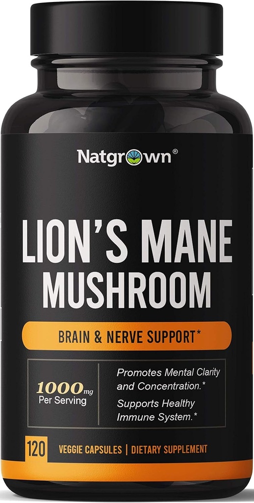Natgrown Lions Mane Mushroom Suplemen Kapsul - Ekstrak Mane Singa Organik Persediaan Otak Nootropic untuk Pria & Women - Promoses Mental Clarity, Fokus, dan Memori - Pil Vegan