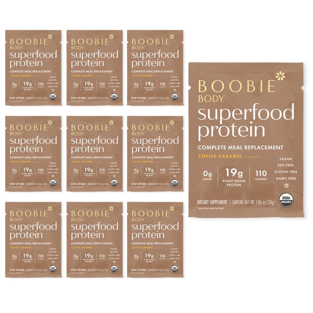 Bobbie Body Superfood Protein Replacement Shake, Coffee Caramel Flavor 124; 19g Protein 14; Safe For Pregnancy, Lactation, & Motherhood 124; Organik, Vegan, Zero Sugar, 10 Single Serve Packet (1.06 oz masing-masing)