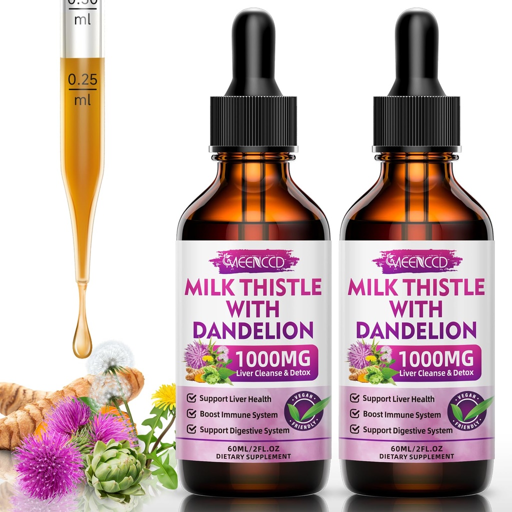 2 Kemasan Liquid Milk Thistle Drops - Liver Cleanse Detox & Repair - 1000mg Milk Thistle Suite for Liver Liver Liver Suplemen untuk Kesehatan Liver, Vegan, Non-GMO, 4 Fl Oz