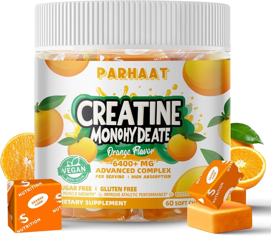 Cretine Monohydrate Chews Complex 6400mg for Men & Women -Advanced Formula W / L-Taurine + Vitamin B12, Sugar Free Chewable Supchews, 60 Orange Softchews