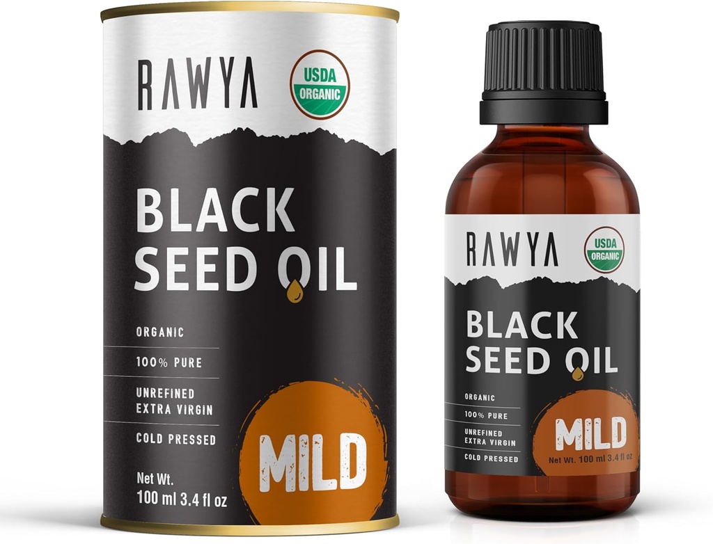 RAWYA Black Seed Oil - Cold Cussed - Black Cumin Benih - Premium Nitiva - Omega 3 6 9 - Kalonji untuk Skin dan Healthy Rambut - Non-GMO, Bebas - Wellness Oil - Mild Flavor - 3.4 Fl Oz