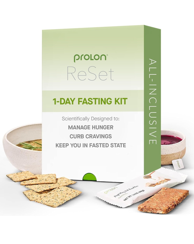 Prolon 1-Day Reset Fasting Kit 124; Fast with Food 124; Supports Healthy Aging & Weight Management 124; Lower-Calorie, Plant-Based Meals & Snacks 124; Dikembangkan ke Not Break Your Fast (1-Day Kit)