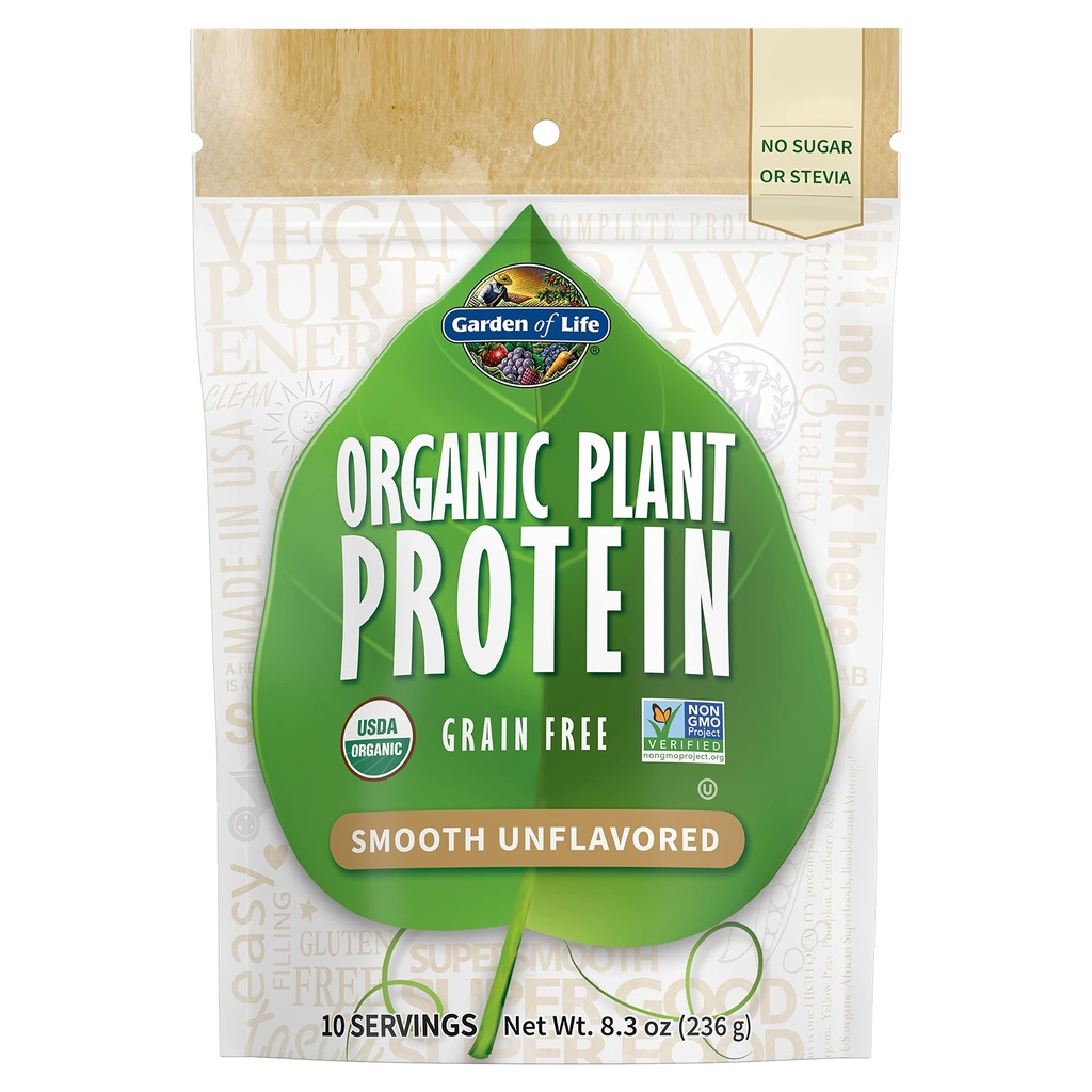 Garden of Life Organic Plant Protein Smooth Powder, 10 Serbu - Vegan, Grain Free Plant Bebas Gluten Based Protein Shake, 1B CFU Produksi & Enzymes, Tidak Gula atau Stevia, 15g Protein