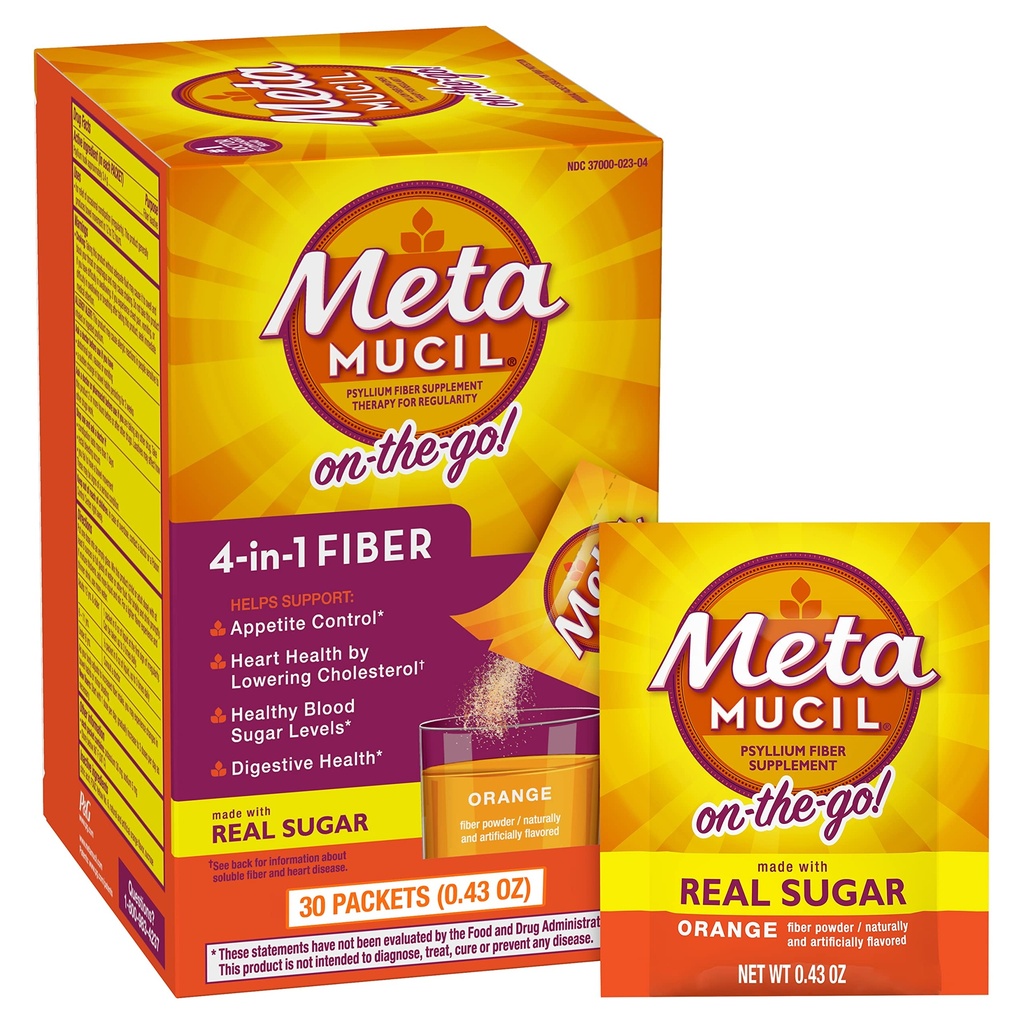 Metamucil On-the-Go, Daily Psyllium Husk Powder Suplement with Real Sugar, 4-in-1 Fiber for Digetical Health, Orange Smooth Flavored Drink, 2 pack x 30 count = 60 Packs Total
