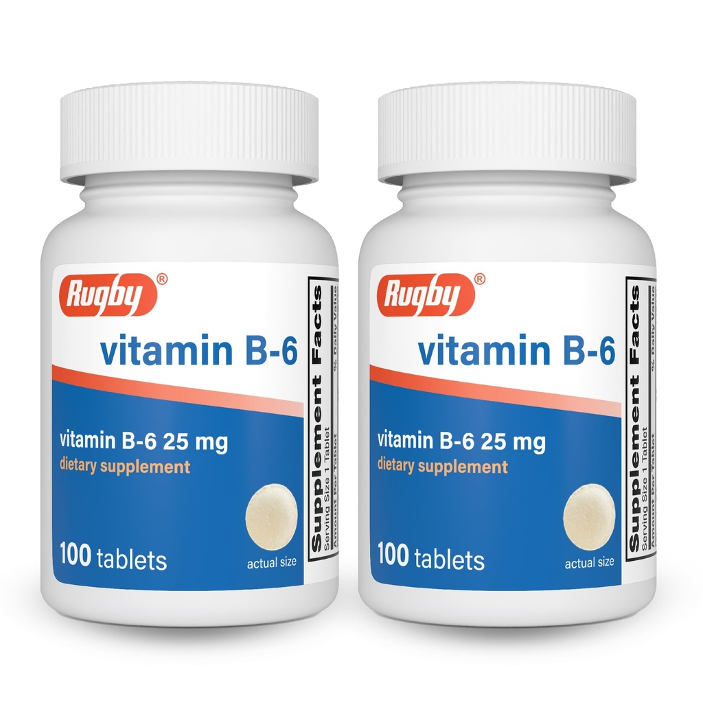 Rugby Vitamin B-6 Tablet - 25mg dari Vitamin B6 - Dietary Suplemen - 100 Cacah (2 Pack)