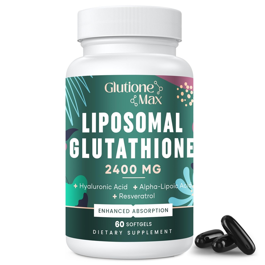 8-in 1 Lipomal Glutathione 2400 MG, Asorpsi Tinggi Formula Anti-Softget - dengan Acid Hyaluronic, Alpha--Lipoic Acid, Resveratrol - Skin, Liver Detox & Imune System, 60 Softgels