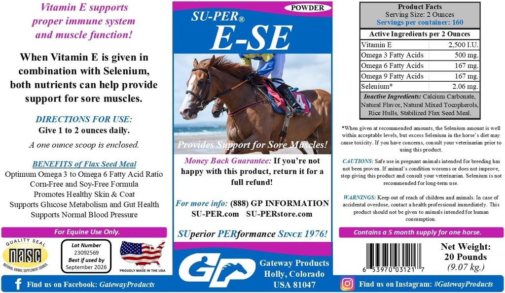Sul-PER E-Se Horses Antioksidan Tambahan - Vitamin E & Selenium untuk Dukungan Otot Sore - 20 Pound
