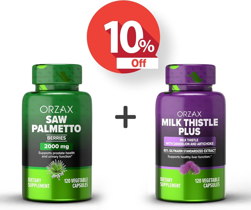 ORZAX Saw Palmetto 2000 mg 120 Vegatable Capsules dan Milk Thistle Plus with Dandelion 120 Vegatable Capsule, Bundle