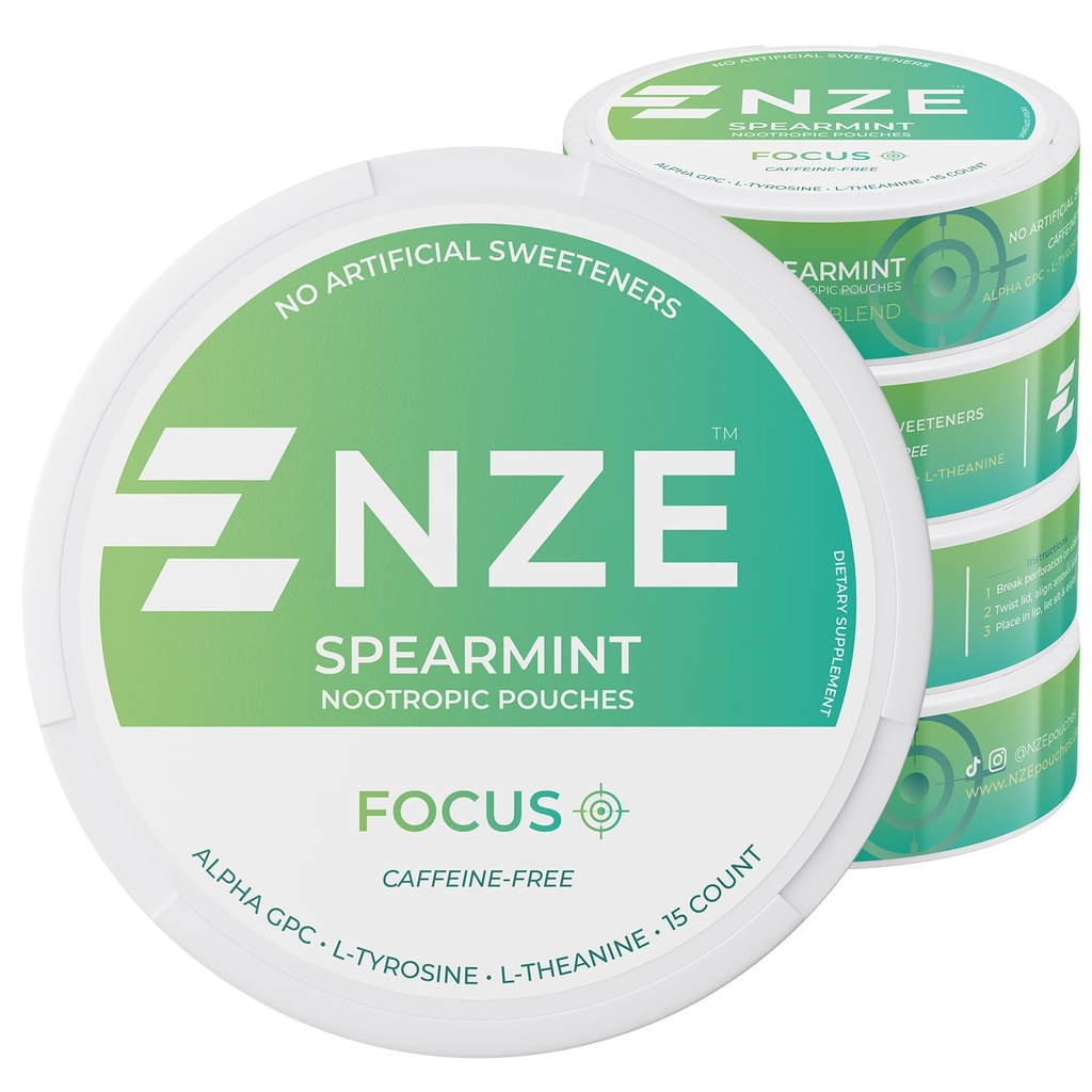NZE Caffeine Free Nootropic Pouches (Spearmint) - Nootropic Pouches dengan Alpha GPC, L-Tyrosine & L- Theanine - Tidak Ada Gula atau Manistificial Sweeteners - 15 Nicotine Free Pouches Per Can - 5 Pack