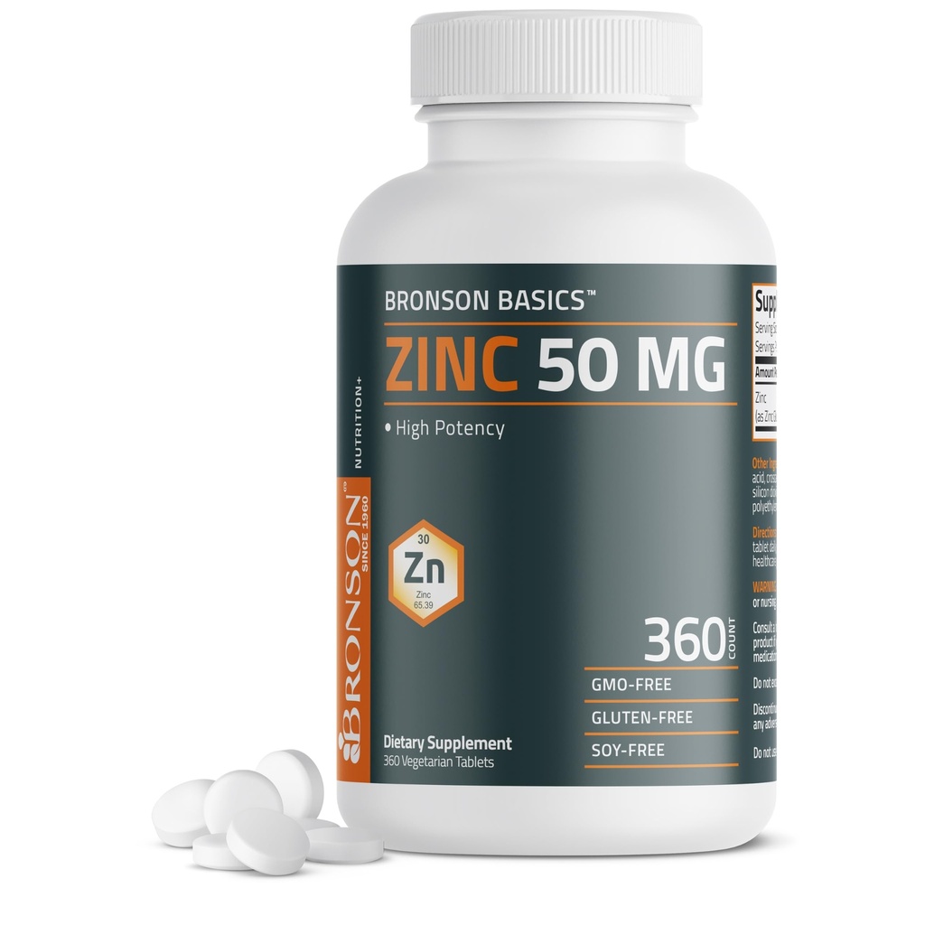 Bronson Zinc 50 MG High Potency Support Imune, Antioksidant & Skin Health - Non-GMO, 360 Vegetarian Tablet
