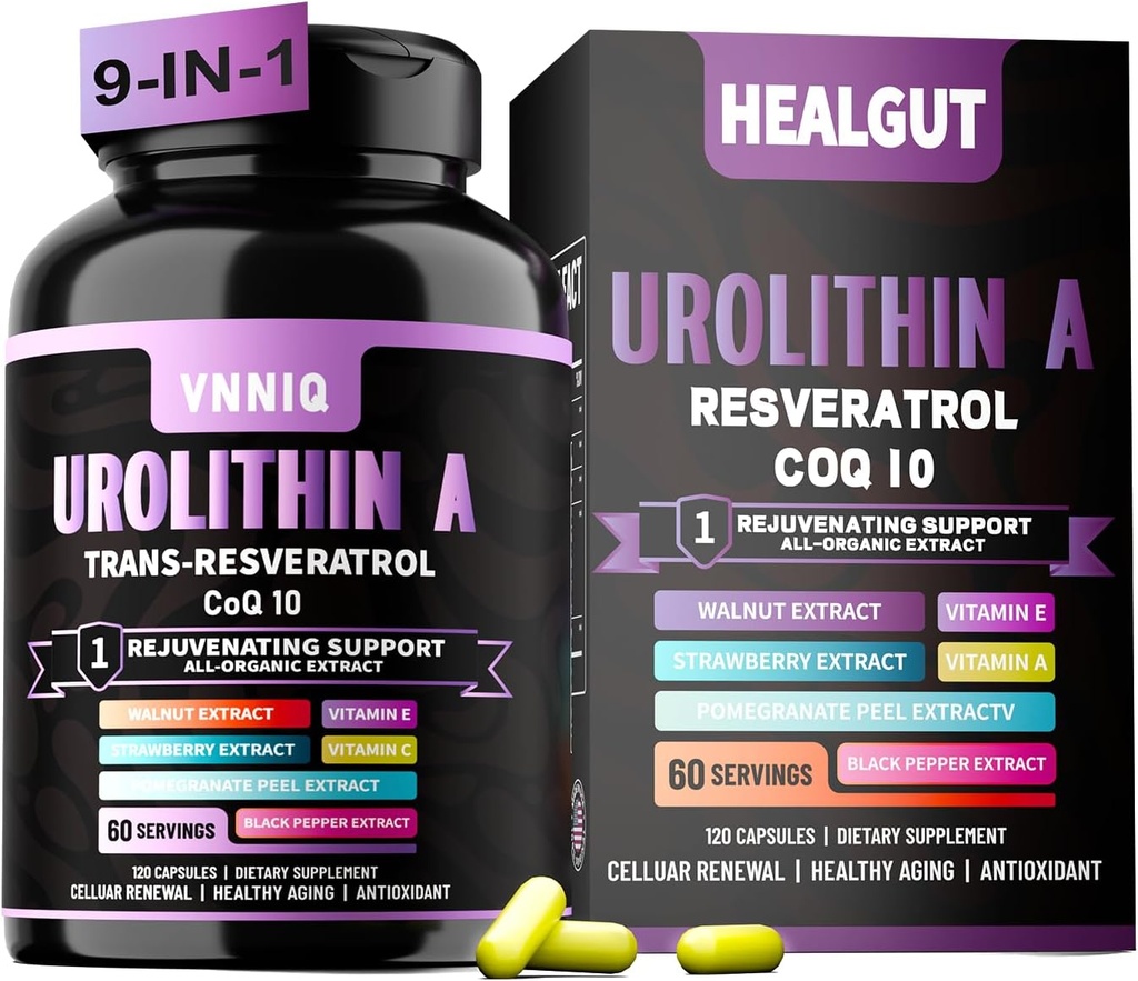 Lipomal Urolithin A Plus Capsules-1200mg, Skin Skin Cellular Kesehatan & Anti- Aging, Persediaan Tanaman Organik untuk Perempuan & Pria & Rs.180 Capsules- 60