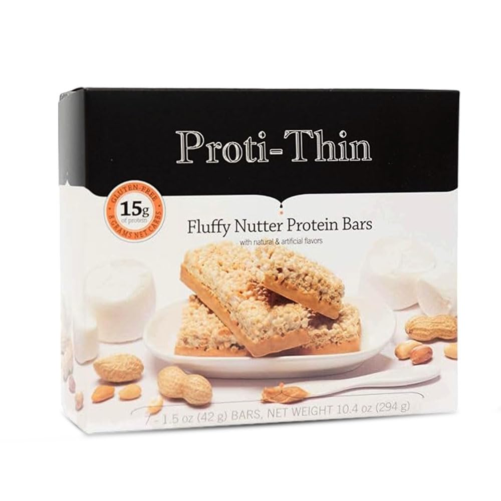 Proti- Thin Fluffy Nutter Protein Bars, 15g Protein, Low Calorie, Very Low Carb (VLC), Low Fat, High Fiber Snack Bar, KETO Diet Friendly, Ideal Protein Compatible, No Gluten Ingredications, 7 / Box