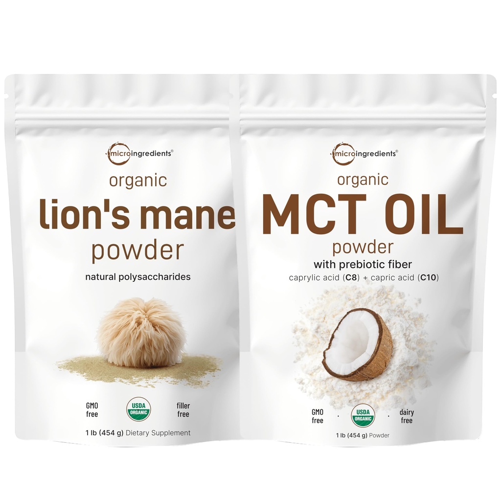Micro Ingredits MCT Oil Powder with Prebiotic Fiber & Lions Mane Mushroom Application Bundle 2 Pack 124; C8 MCT Oil for Coffee Creamer 124; Natural Superfood for Brain, Energy, & Imune Health