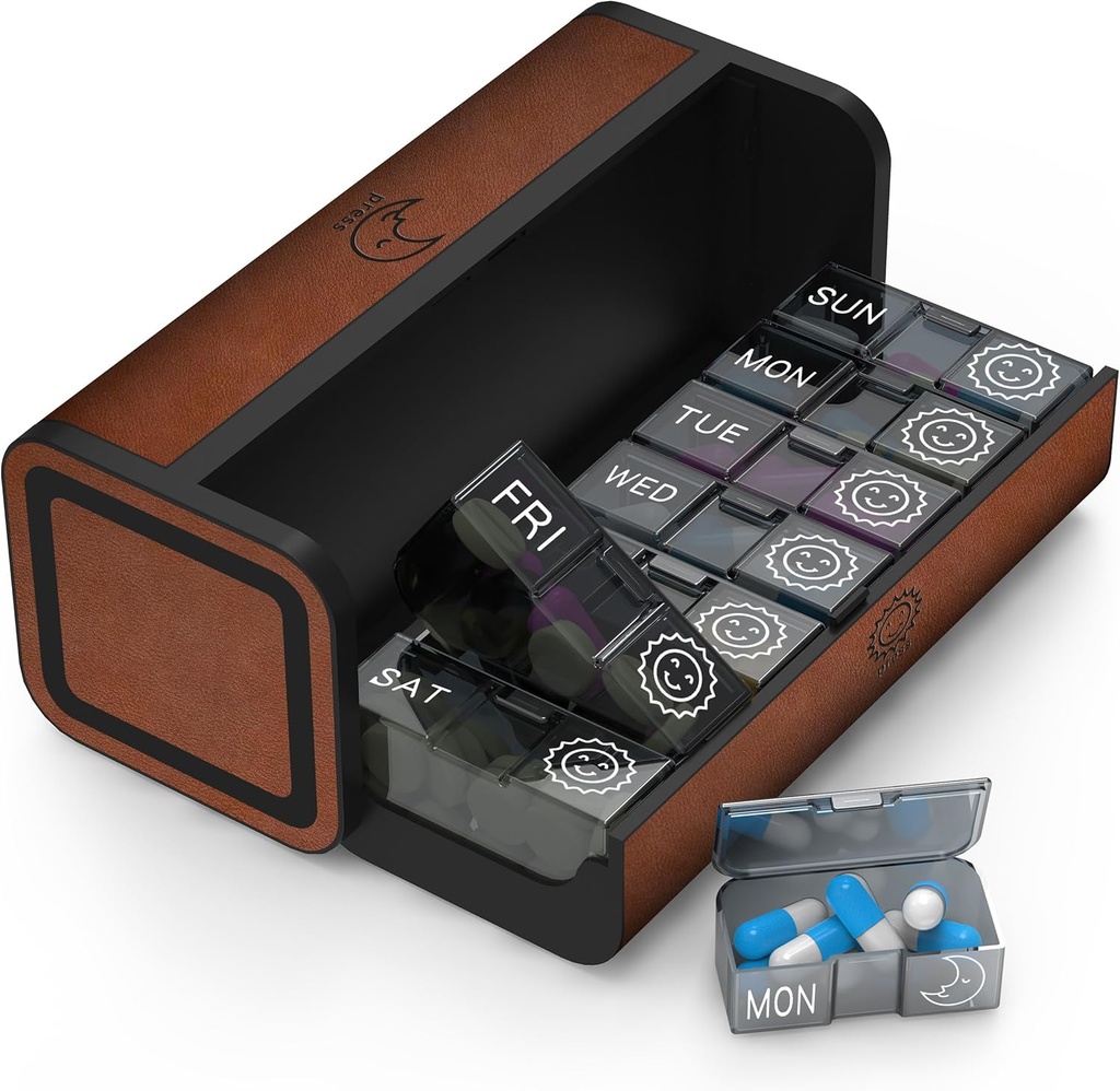 Pill Organizer 2 kali sehari, Am Pm Dua kali Kasus Pil KB harian, Dilepas Kotak Pill Besar 7 Hari, Kontainer Pil KB Weekly untuk Tambahan Obat Vitamin (Brown)