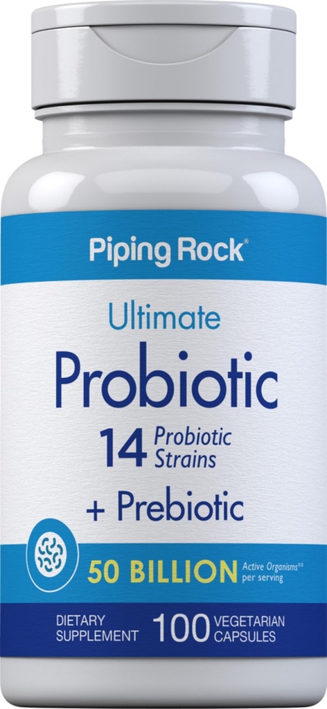 Probiotic Piping Rock dan Prebiotik untuk Perempuan dan Pria 124; 50 Milyar CFU 124; 100 Kapsul 124; Kedatangan 14 Strain Supplemen; Vegetarian, Non-GMO, Gluten Bebas