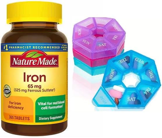 Nature Made Iron 65 mg (325 mg Ferrous Sulfate) Tablet, Tambahan Dietary untuk Red Blood Cell Support, 365 Day Supply Bunde dengan Weekly Pill Organizer
