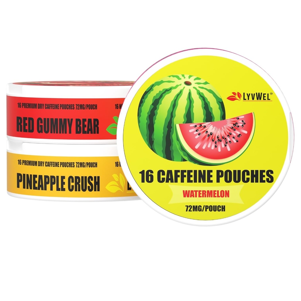 LyvWel 72mg Caffeine Energy Pouches - Watermelon, Red Gummy Bear, Pineapple Crush - Juicy Clean Energy dengan Guarana - 3 - Pack (48 Total Pouches)