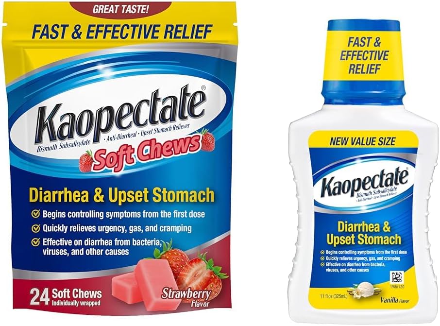 Kaopectate Anti- Diarrheal Soft Chews 24 Count dan Upset Stomach Relief Cair 11 Fl Oz