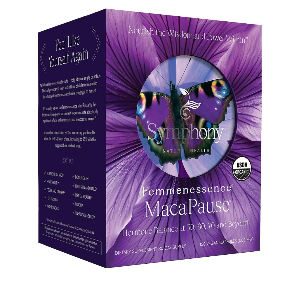Femmenessence ® MacaPause ® - Klonically Prove Postmenapause Suplement for Natural Hormones, Menopause Symptom Relief, Bone & Heart Health, Without Hormones Added (120 kapsul, 30 Hari Supply)