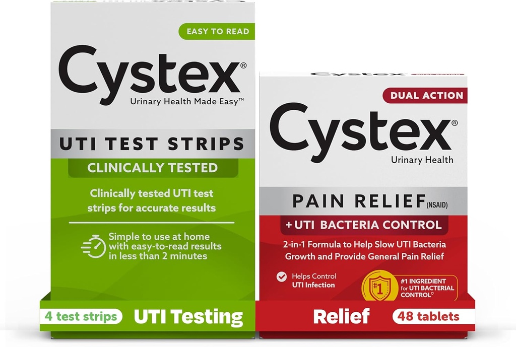 Cystex Urinary Tract Infeksi (UTI) Test Strips + Pain Relief: 4 Test Strips & 48 Capsules Pain Relief Medicine