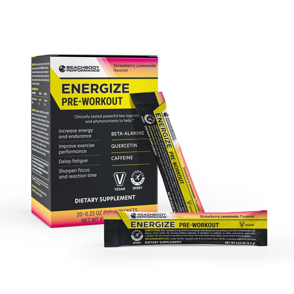 BODI Energize Pre Workout Powder - Beta- Alanine, Quercetin & Lower - Dose Caffeine Formula untuk Enhanced Energy & Focus, Meningkatkan Suplemen Energi & Endurance, Strawberry Lemonade Flavored, 20 Tongkat