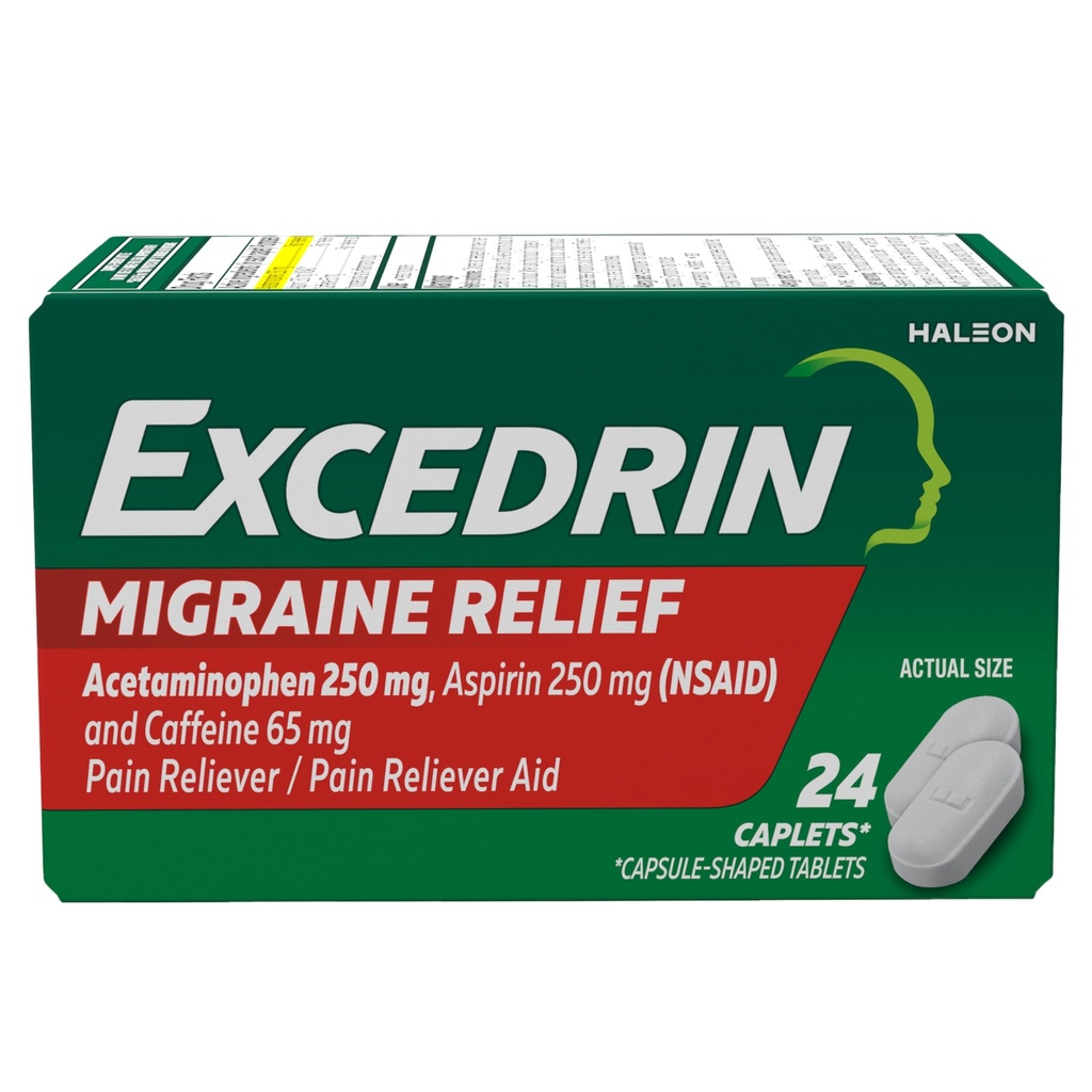 Caplet Excedrin Migraine Relief untuk Gejala Migraine, Acetaminophen 250mg, Aspirin 250mg, Caffeine 65mg, Pain Reliever, 24 Count