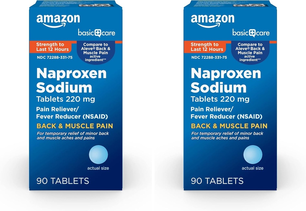 Basic Care Back and Muscle Pain, Naproxen Sodium Tablet 220 mg, Pain Reliever and Fever Reducer, untuk Bacache, Muscular Aches, Minor Arthritis Pain, Headache and More, 90 Count (Paket 2)