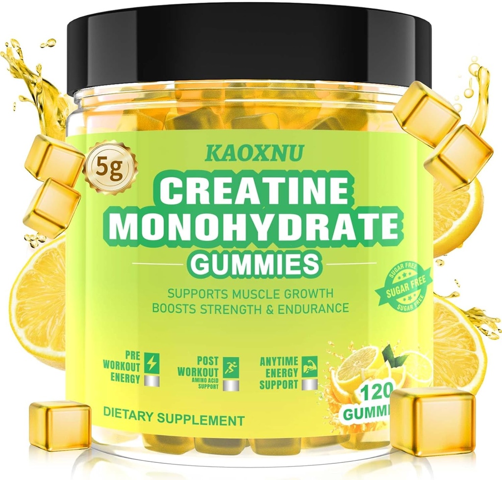 Cretine Monohydrate Gummies 5600mg for Men & Women, 120 CT Chewable Creatine Gummies for Muscle Dukungan, Energy Boost, 5.6g Creatine Monohydrate per Serving - Sugar Free, Vegan (Lemon Flavor)