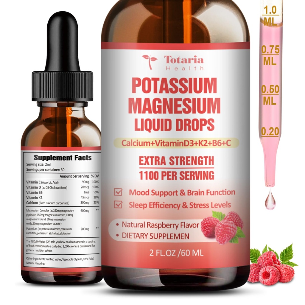 Potasium Magnesium Suplement Drops - Tabloid Potasium Tinggi dengan Magnesium, Kalsium, Vitamin D3 K2, Vegan, Non-GMO Potasio Dukung Krumps, Bone, Fl oz - 2 Fl oz