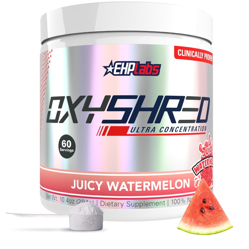Powder Pre Workout EHP Labs OxyShred - Powder pretraining dengan L Glutamine & Acetyl Carnitine, Energy Boost Drink - Semangka Juicy, 60 Servings